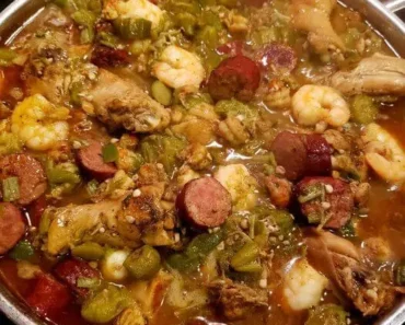 okra stew with chicken, sausage, shrimp and crawfish tails, onion and green peppers